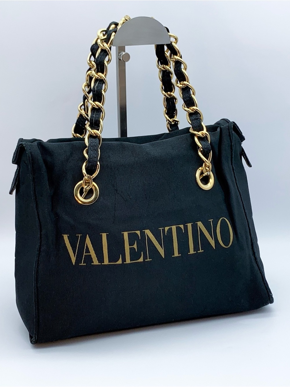 Vintage Valentino Black Canvas Tote with Gold Tone Chain Handles
